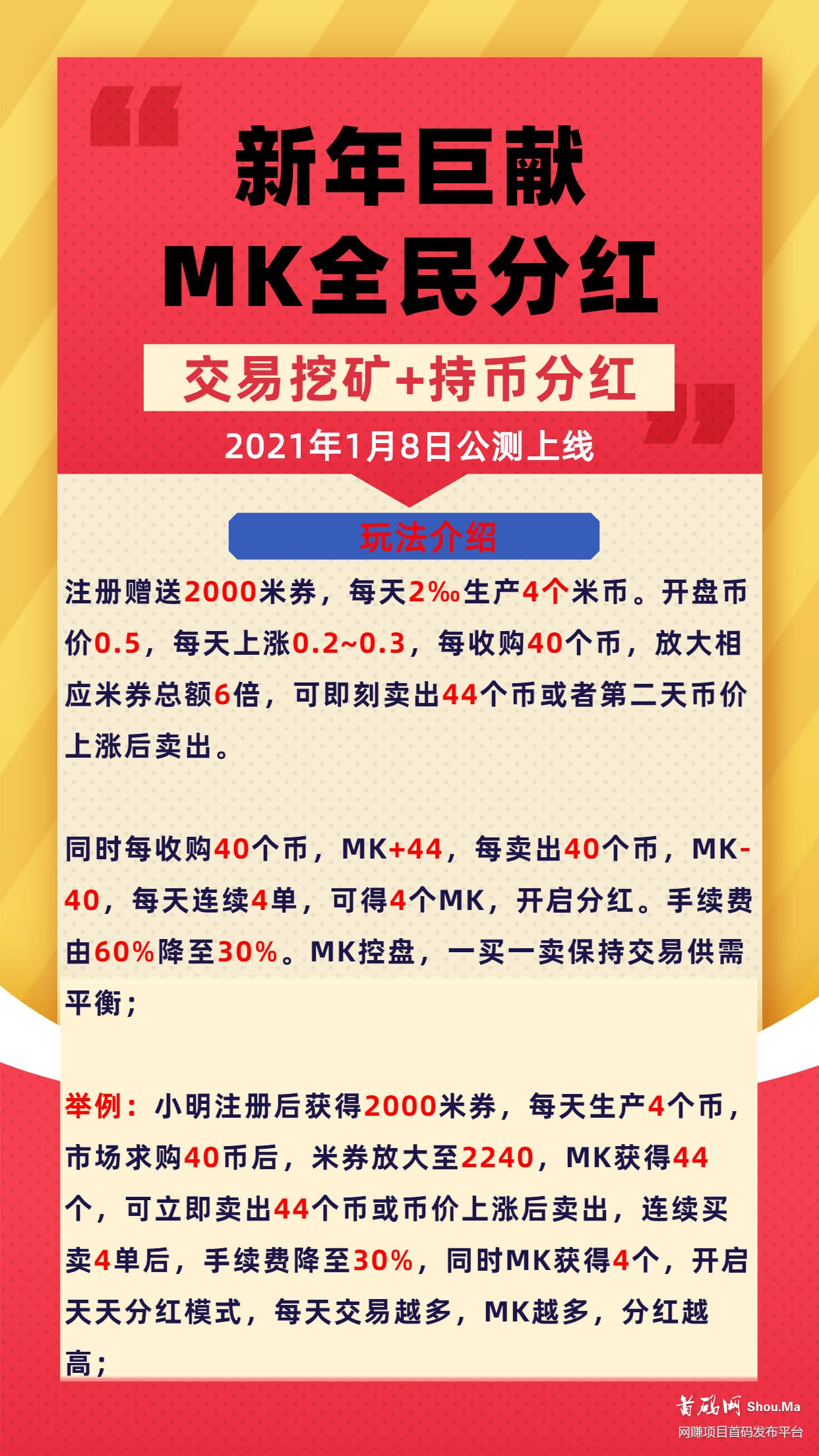 【首码】MK全民分红，邀请1人15MK，4个MK起分